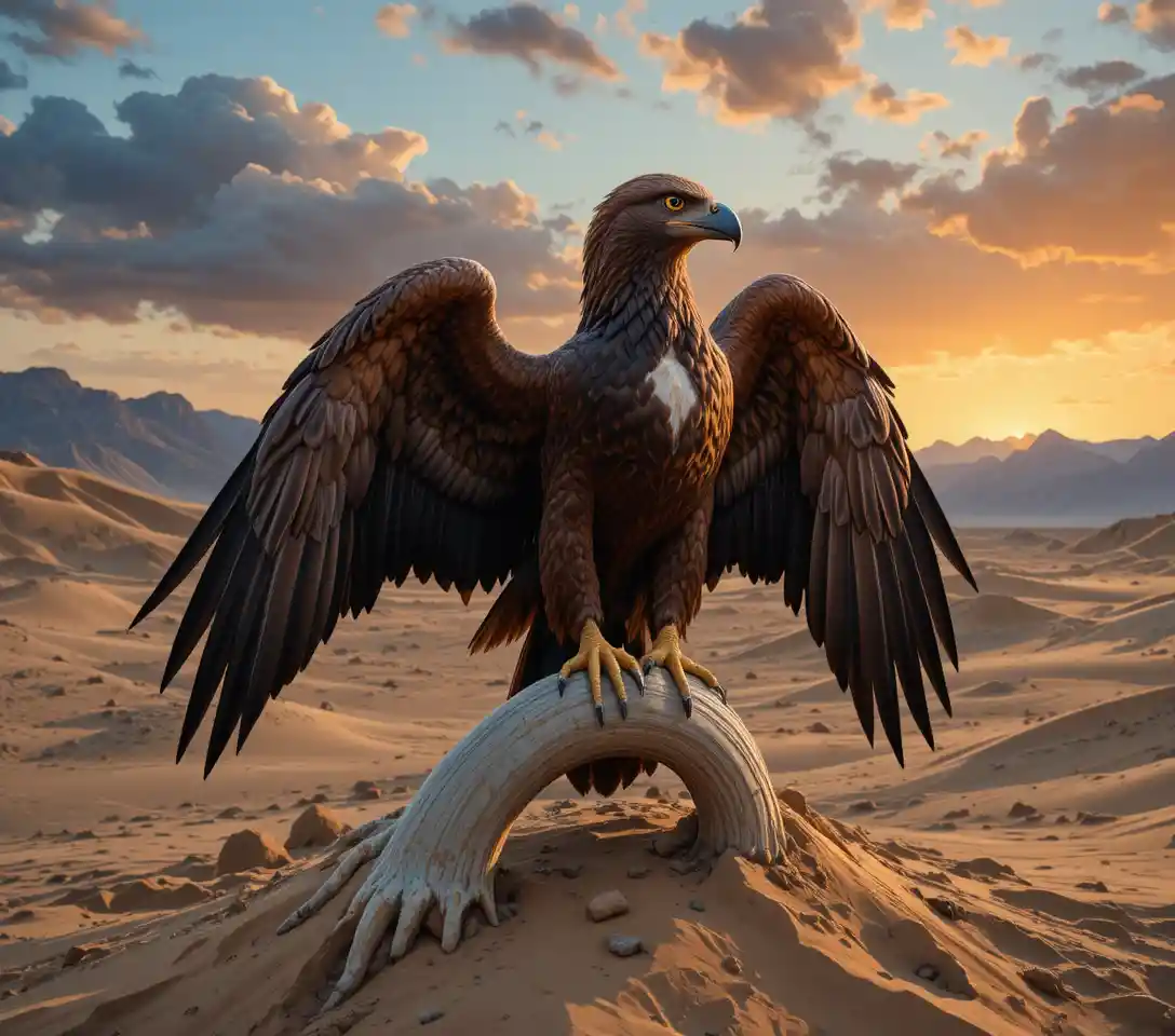 Águia-real sobre crânio de animal nas areias do deserto ao sol