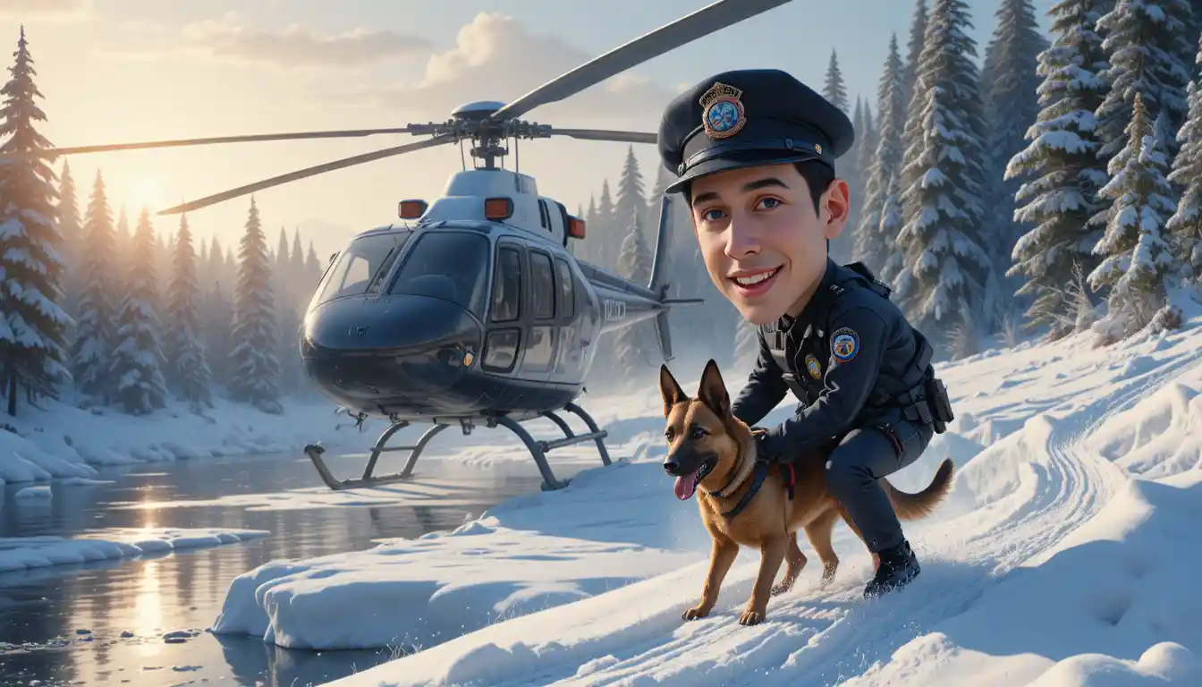 雪覆冰封冬季河面的警用直升機與警犬
