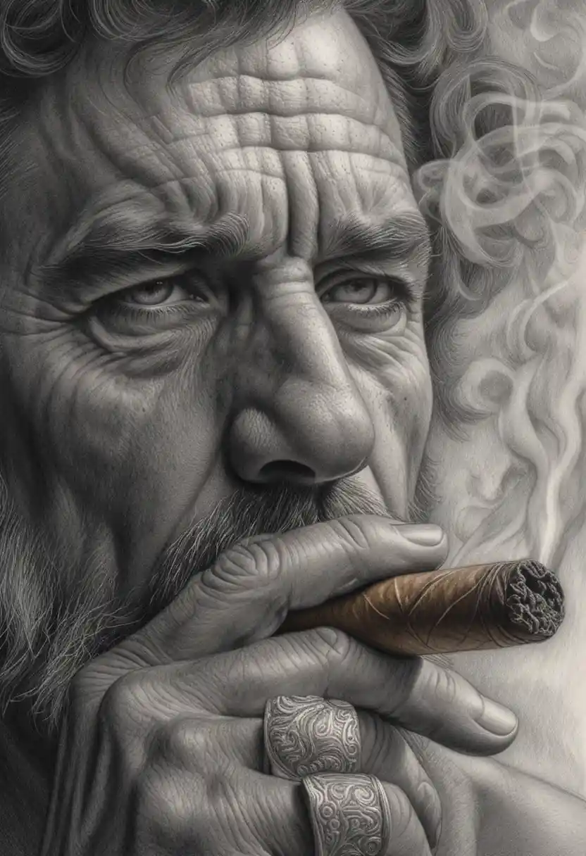 Retrato intenso em grafite em close de homem com fumaça de charuto