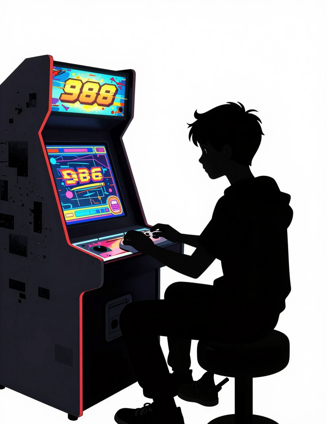 Silueta de Adolescente Jugando Arcade Retro en Estilo Glitch