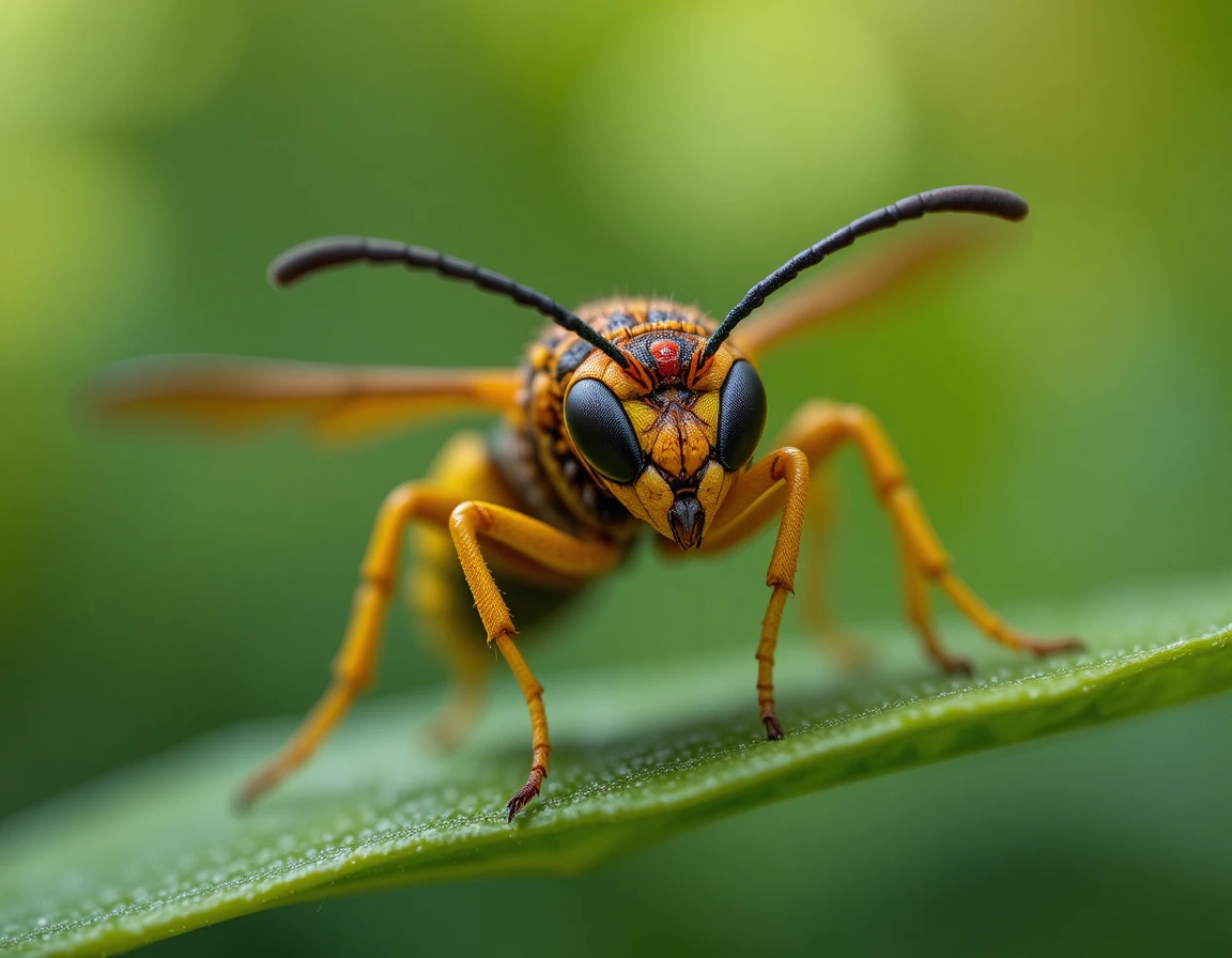 Makro-Nahaufnahme einer farbenfrohen europäischen Wespe vor grünem Bokeh