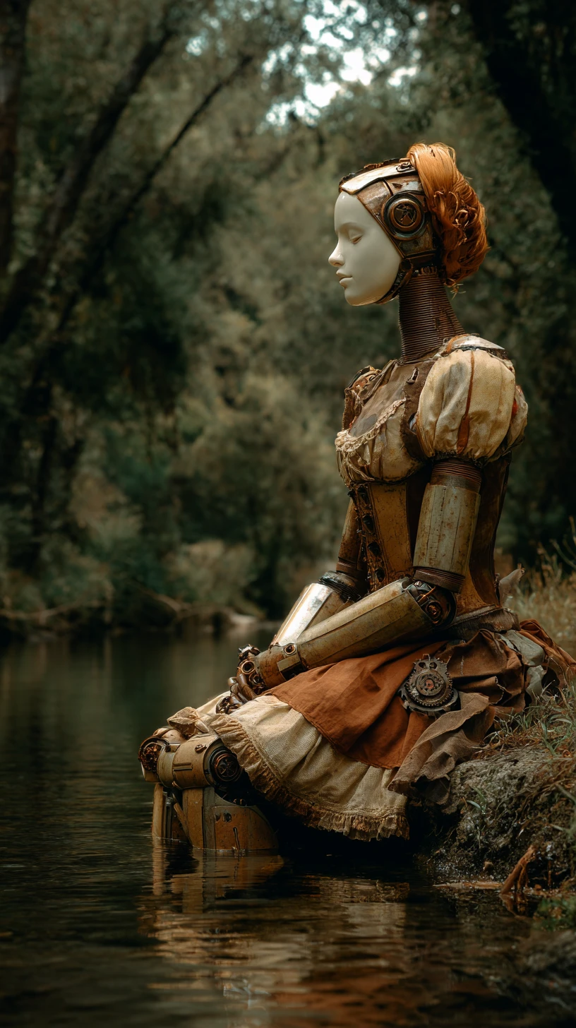 Femme androïde surréaliste au bord d’un ruisseau forestier au visage flottant
