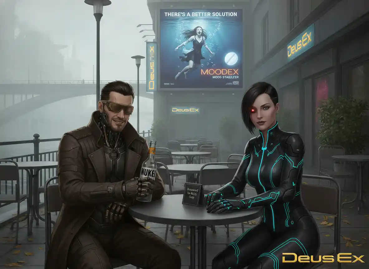 Augmented detective and female cyborg at reserved cafe table