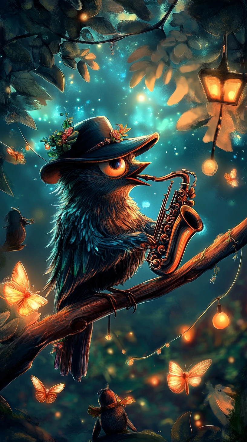 Crow Jazz Musician Performing For Animals In Moonlit Forest