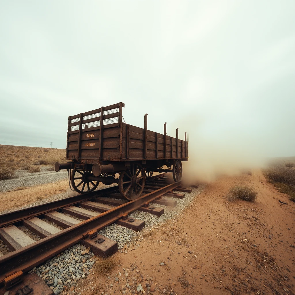 Rostiger Eisenbahnwaggon ruht still auf verlassenen staubigen Gleisen