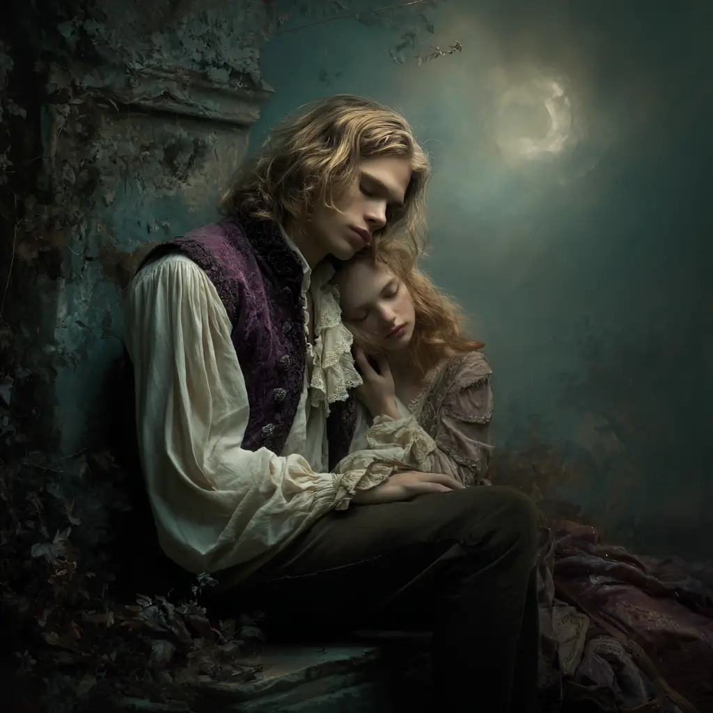 Couple vampirique dans une clairière rococo baignée de clair de lune