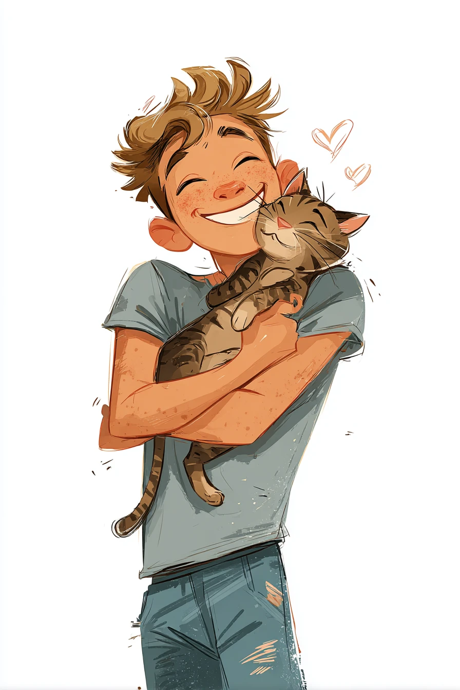 Fröhlicher junger Mann, der eine getigerte Katze umarmt – Illustration