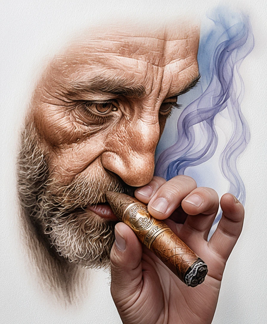 Mature man smoking a cigar in detailed color pencil portrait