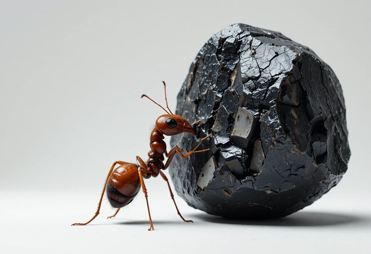 Realistic ant studying a dark textured rock in profile