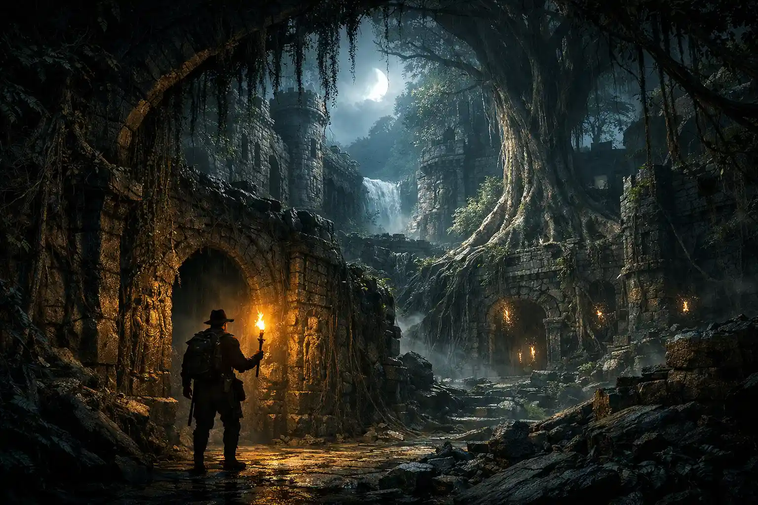 Adventurer Entering Overgrown Jungle Castle At Night