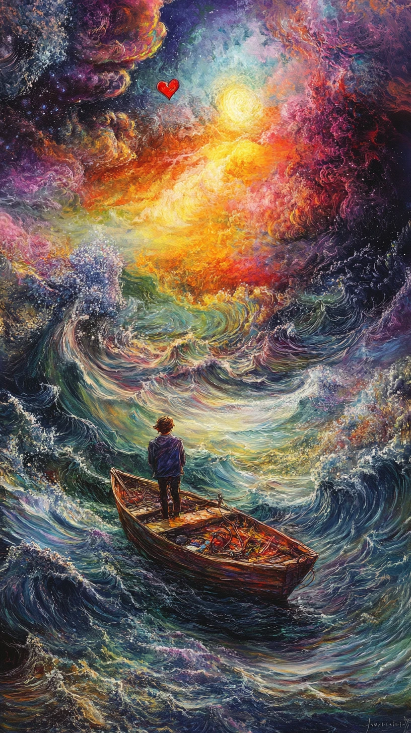 Man on stranded boat gazing at the sea in sorrow
