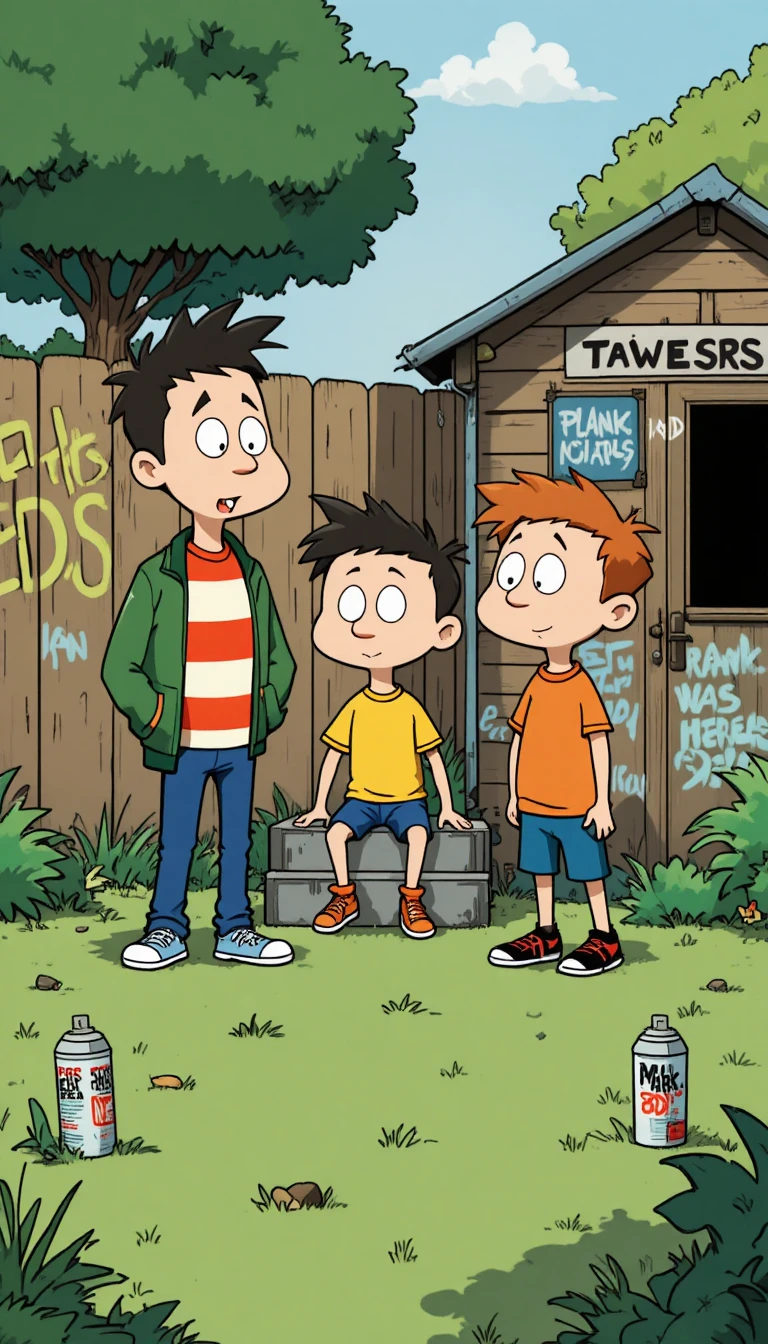 Trio di cartoni animati in un colorato giardino suburbano