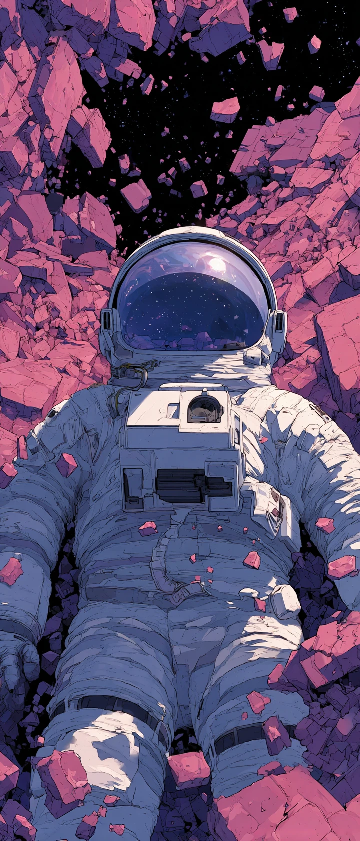 Astronauta in stile anime che deriva tranquillo nel vuoto stellato