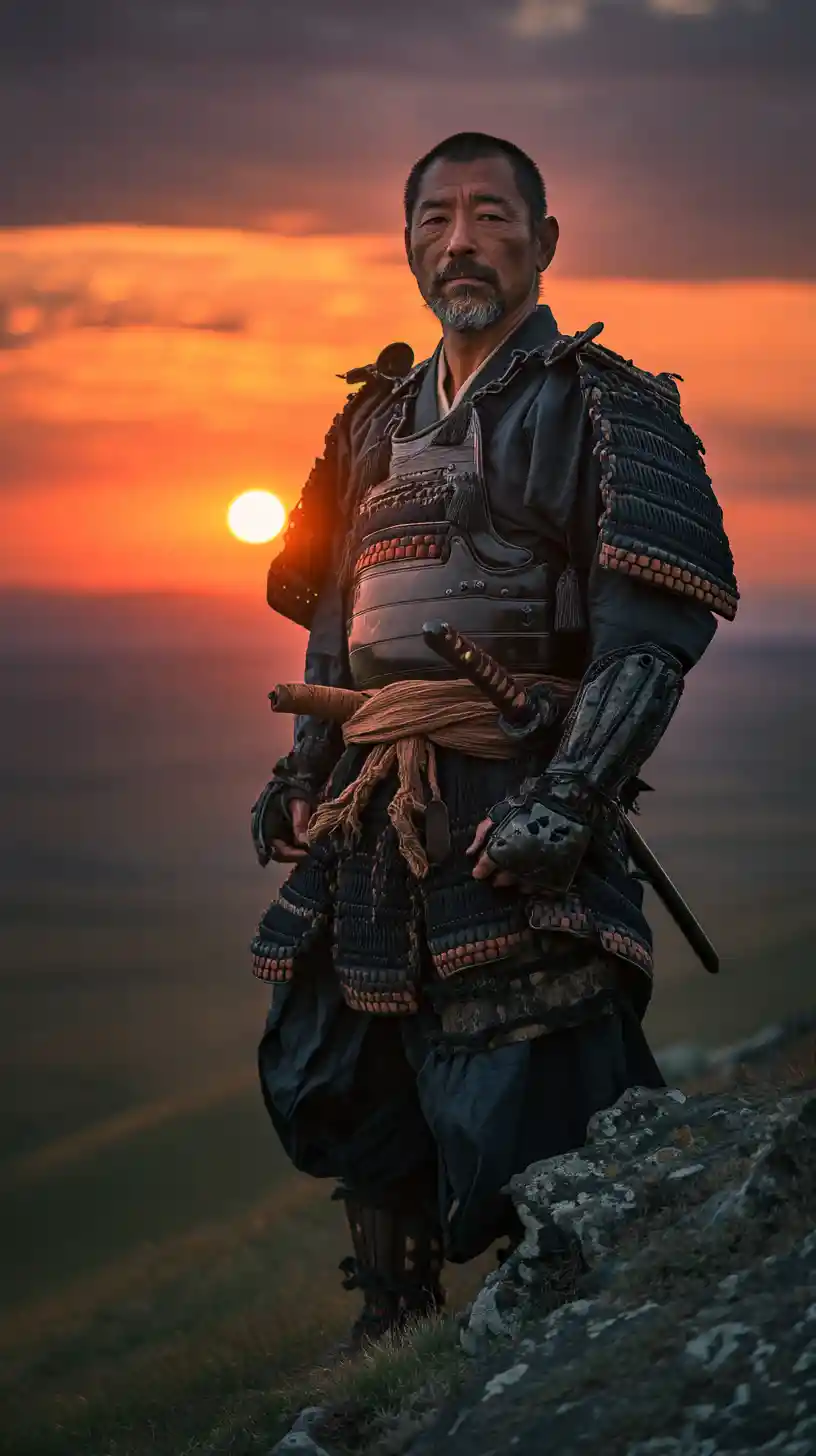 Samurai warrior standing on a windy hill at sunset