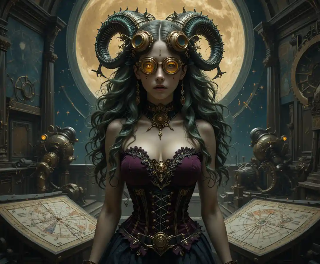 Donna gorgone in ottone steampunk su un osservatorio al chiaro di luna