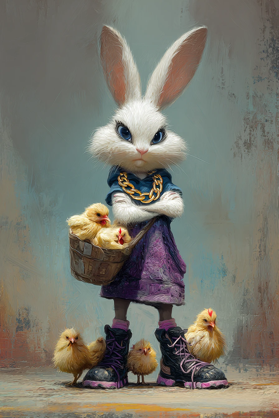 Lapine hip-hop en robe violette tenant des poussins