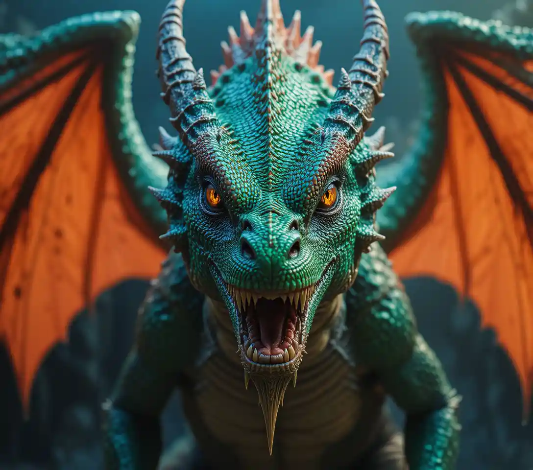 Dragão esmeralda ameaçador em close com olhos amarelos brilhantes