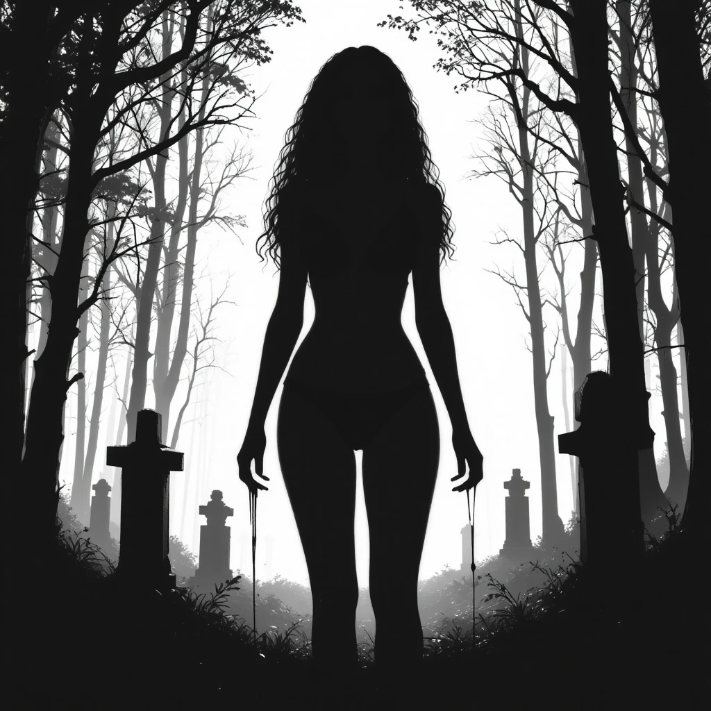 Donna insanguinata in lingerie nera vicino a un cimitero nel bosco