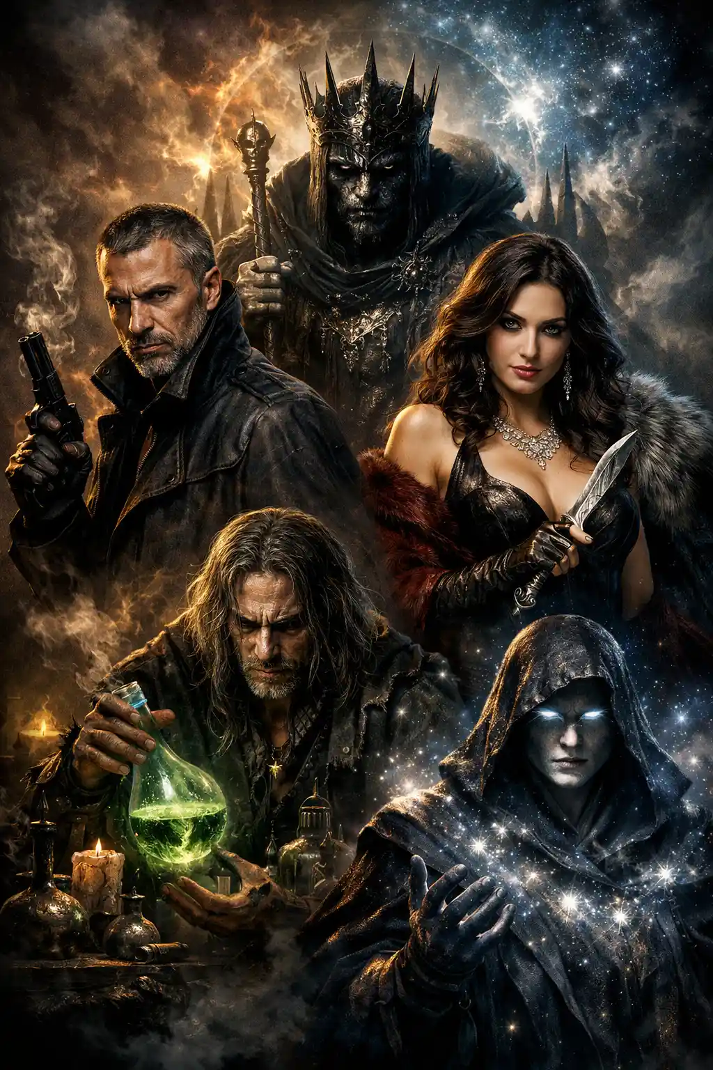 Grübelnder Semi-Fantasy-Superheld posiert wie auf einem Filmplakat