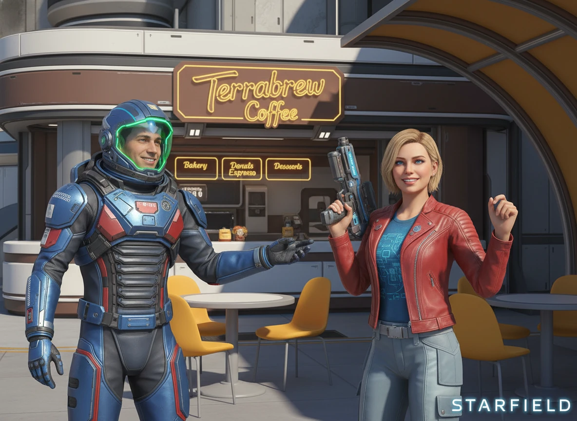 Futuristische Astronauten posieren vor einem modernen Café