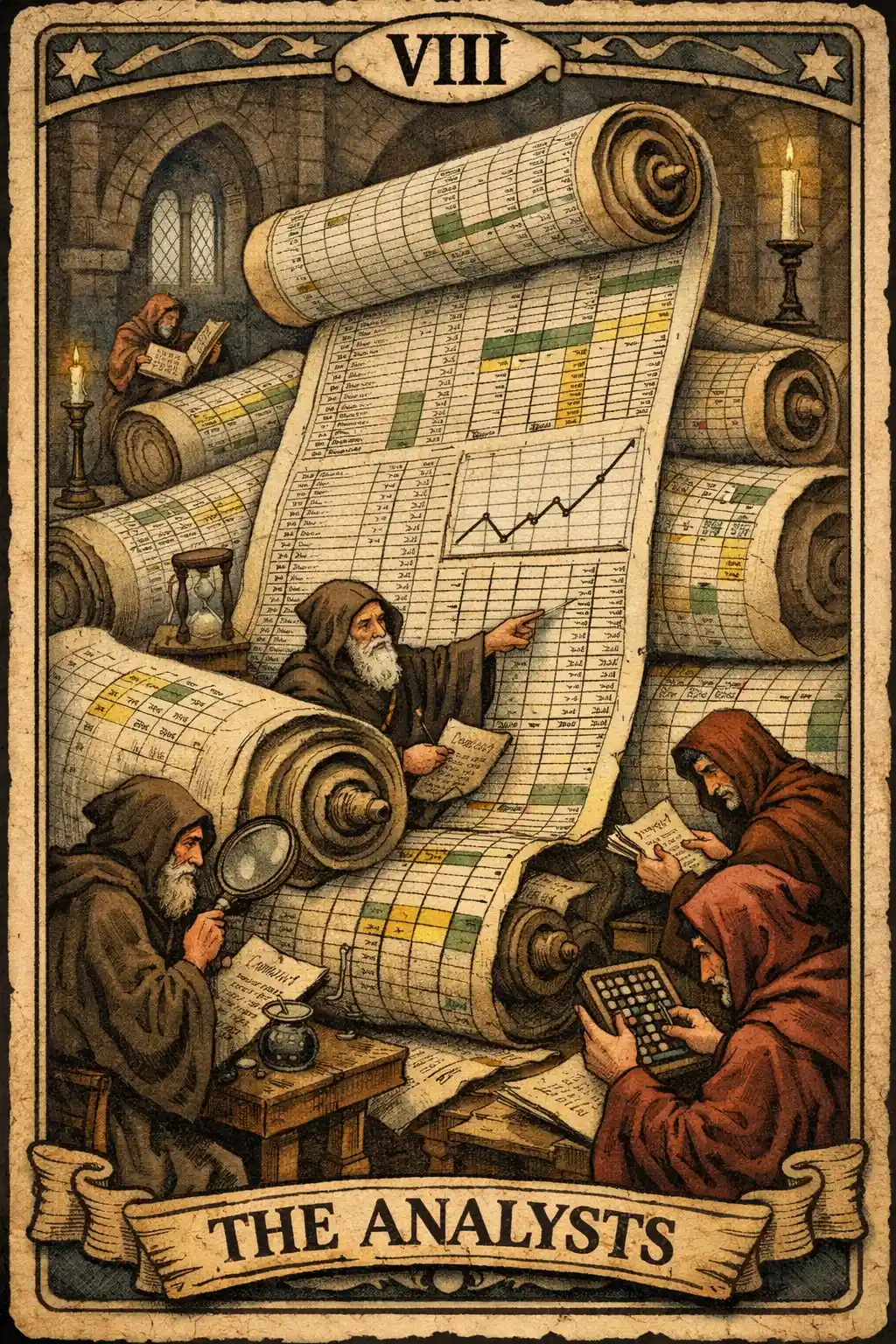 Robed analysts studying giant spreadsheet scroll tarot card