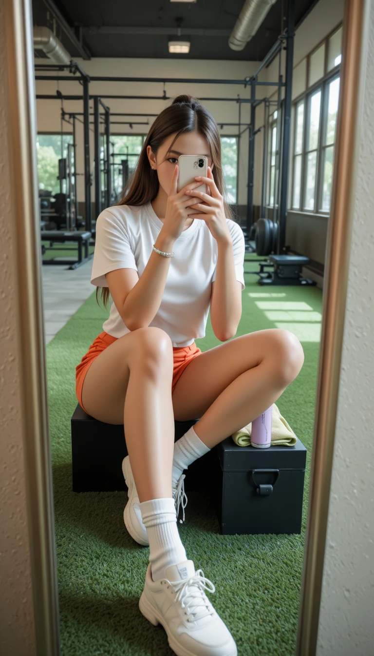 Giovane donna che si fa un selfie allo specchio seduta sul pavimento della palestra