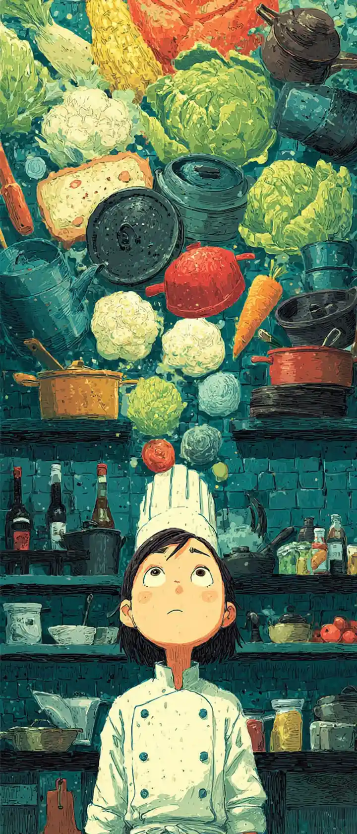 Allegro chef anime che presenta un piatto luminoso e fluttuante
