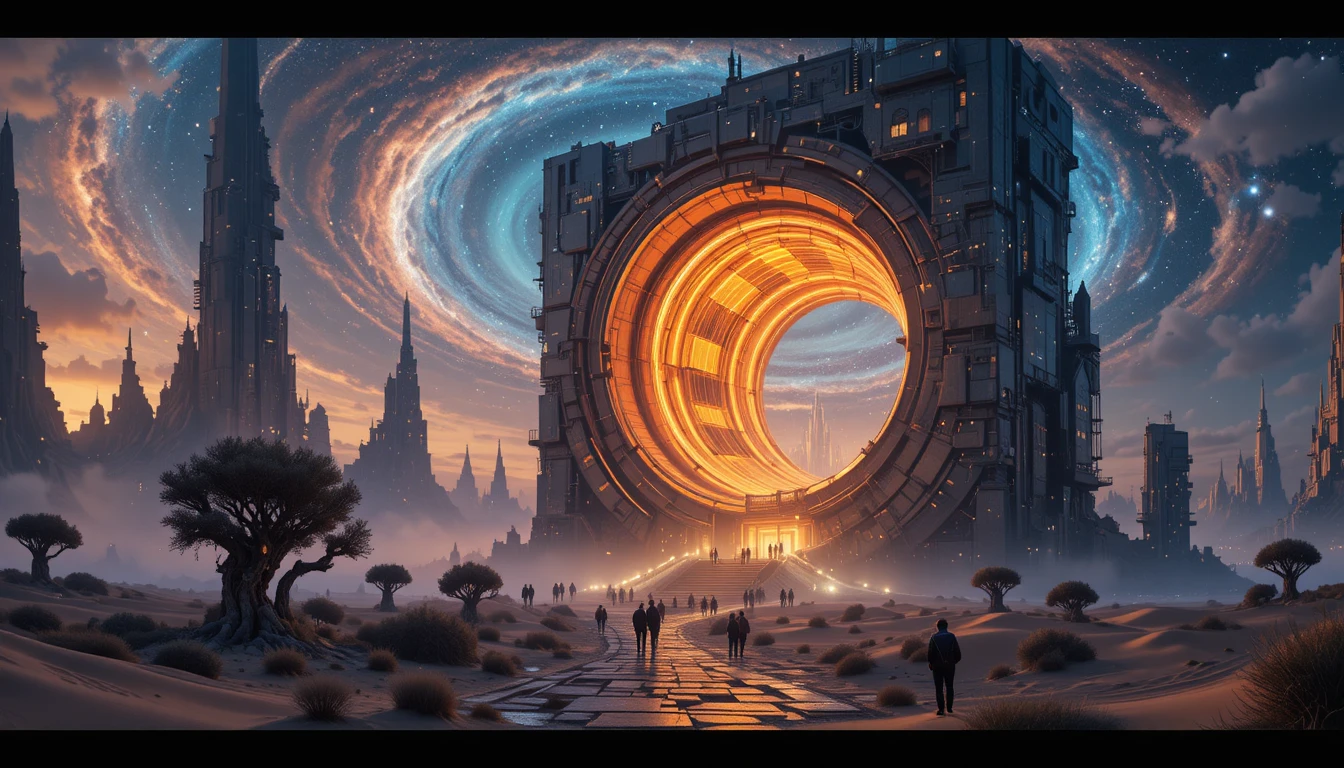 黃昏宇宙海上的未來感燈塔巨碑