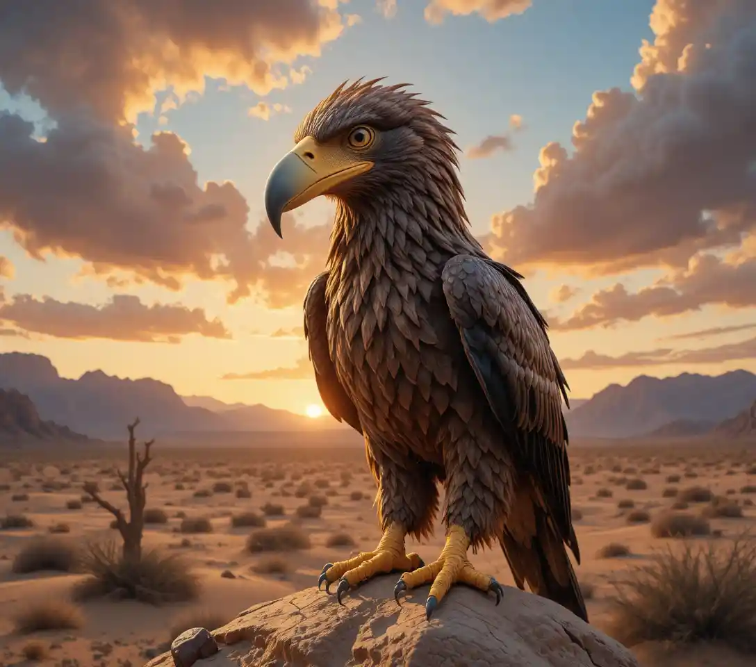 Golden eagle perched on animal skull at sunset