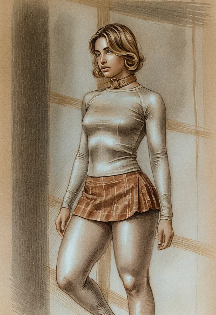 Young woman by a large window in color pencil drawing