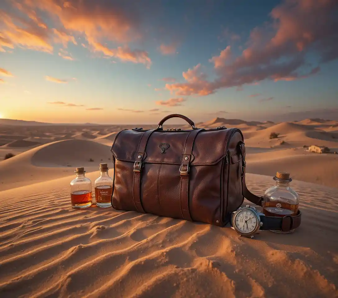 Vintage-Leder-Reisetasche im goldenen Wüstensonnenuntergang