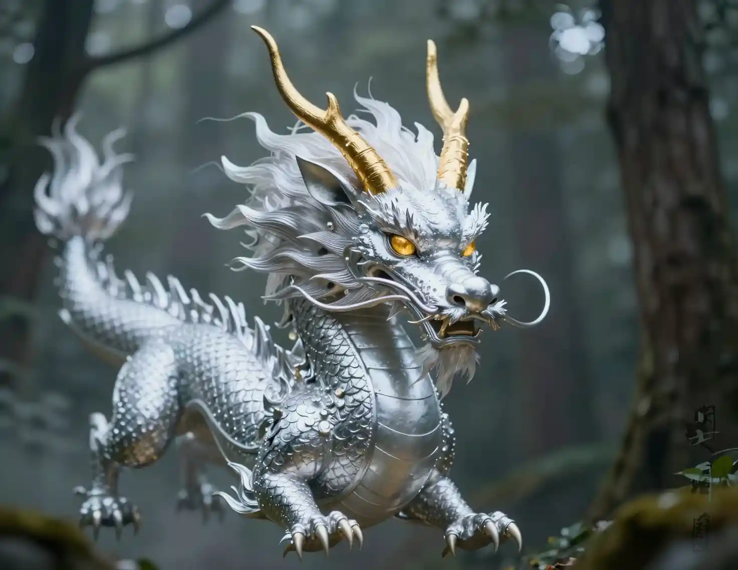 Maestoso drago giapponese che scivola silenzioso attraverso una foresta