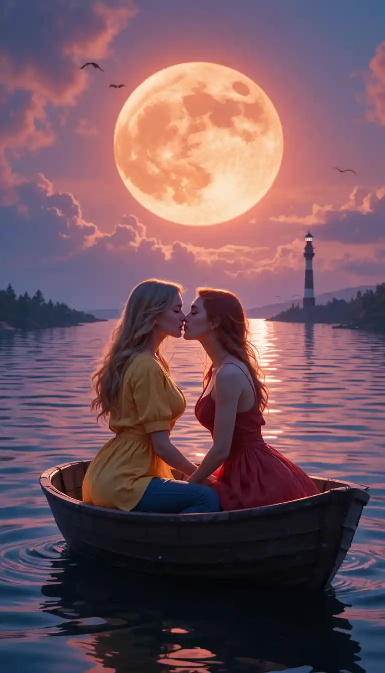 Two young women kissing in a boat under moonlight