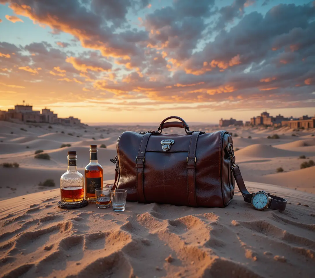 Vintage-Lederreisetasche im friedlichen Wüstensonnenuntergang