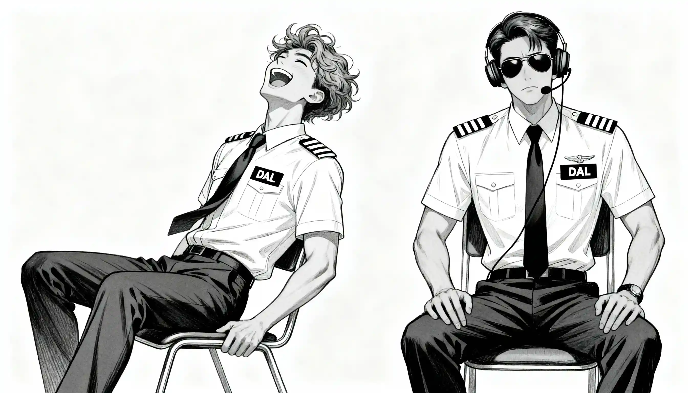 Two manga style pilots interacting in simple line art