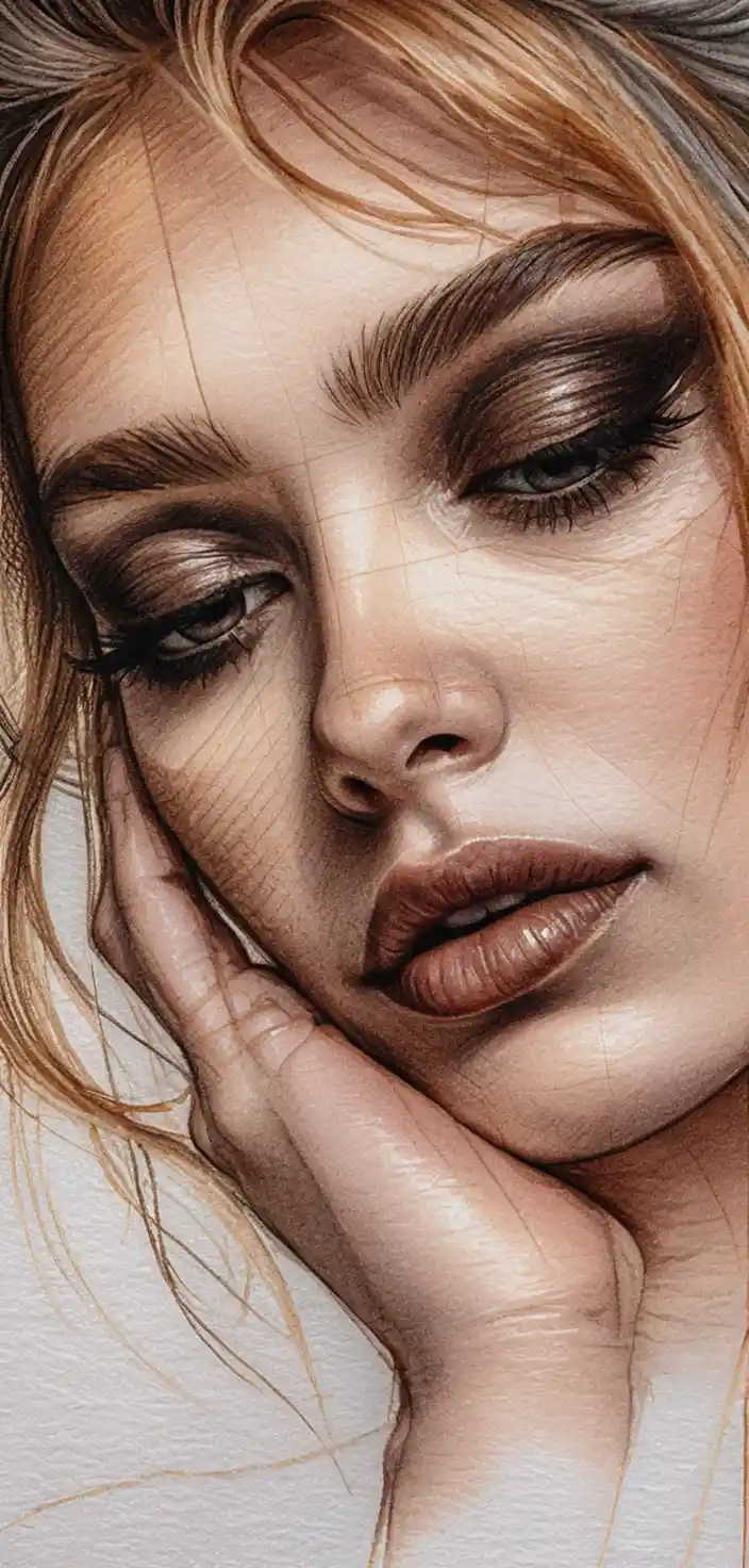 Contemplative pencil portrait close up with hand on face