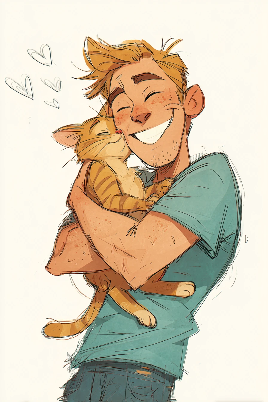 Fröhlicher junger Mann, der eine getigerte Katze umarmt – Illustration