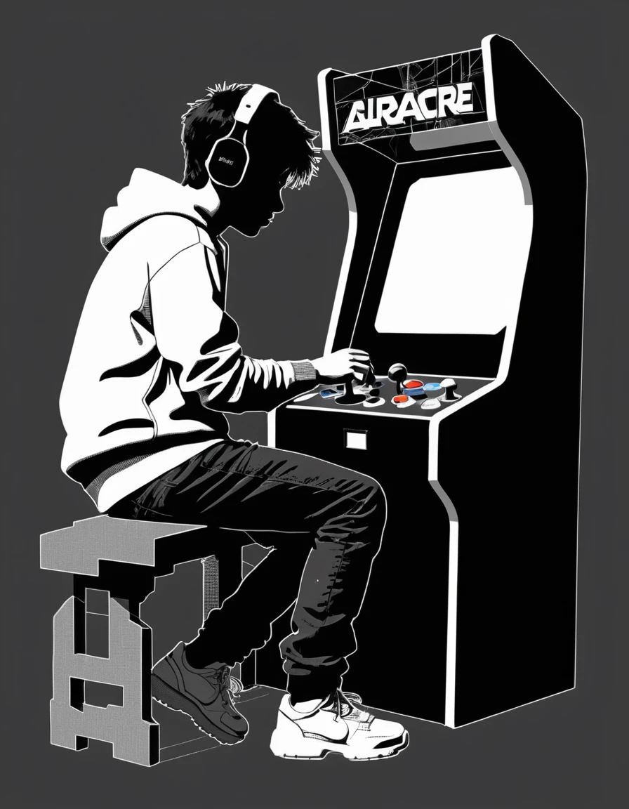 Silueta de adolescente jugando a un juego de arcade retro en estilo glitch art
