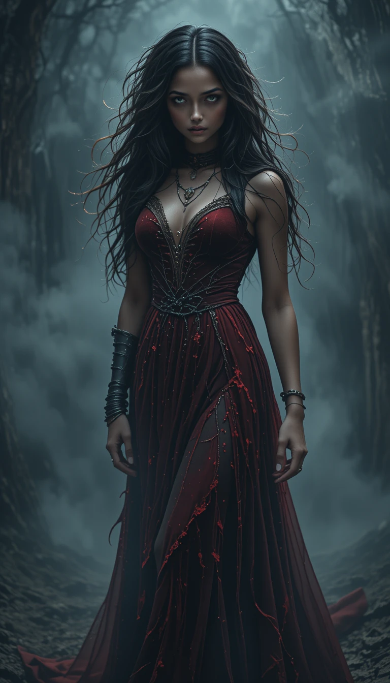 Mystical Sorceress In Tattered Crimson Velvet Amid Dark Mist