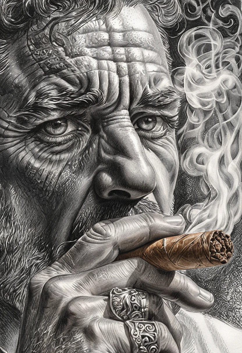 Retrato em close de um homem fumando um charuto em grafite