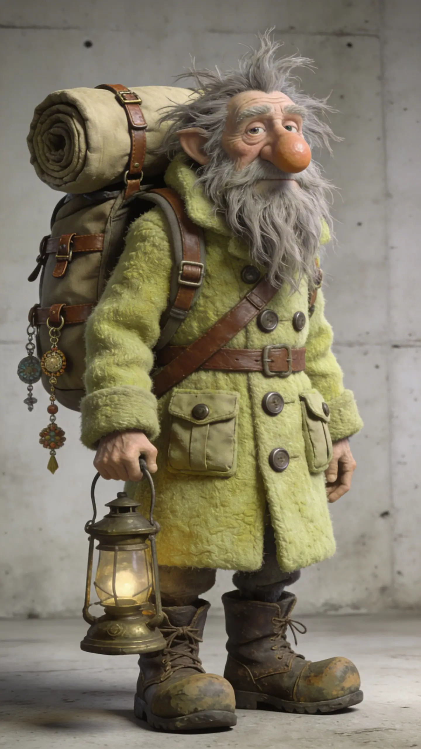 Whimsical elderly gnome traveler with lamp in studio