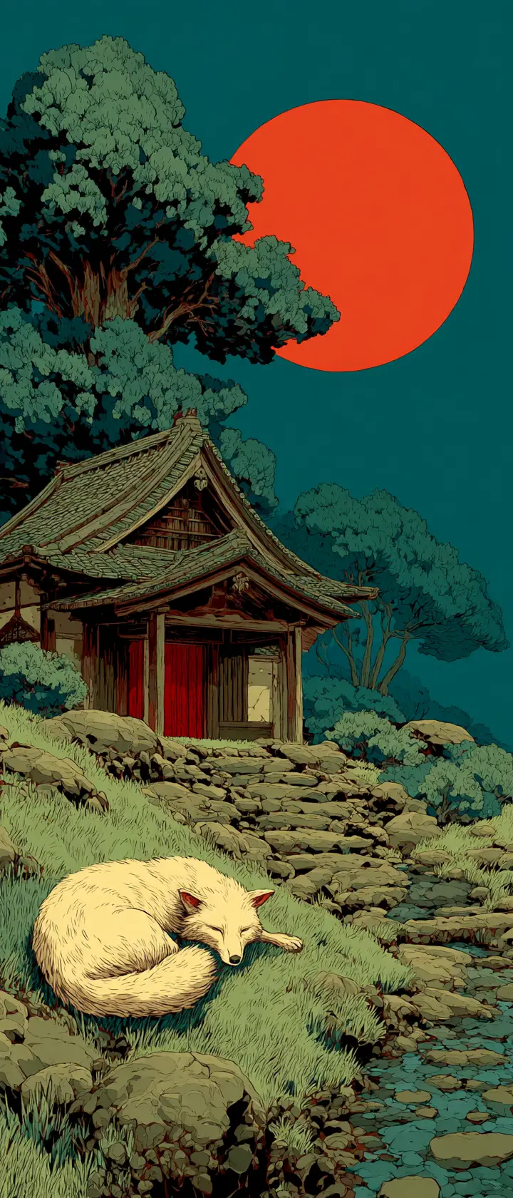 Giant nine tailed fox spirit guarding a Japanese temple