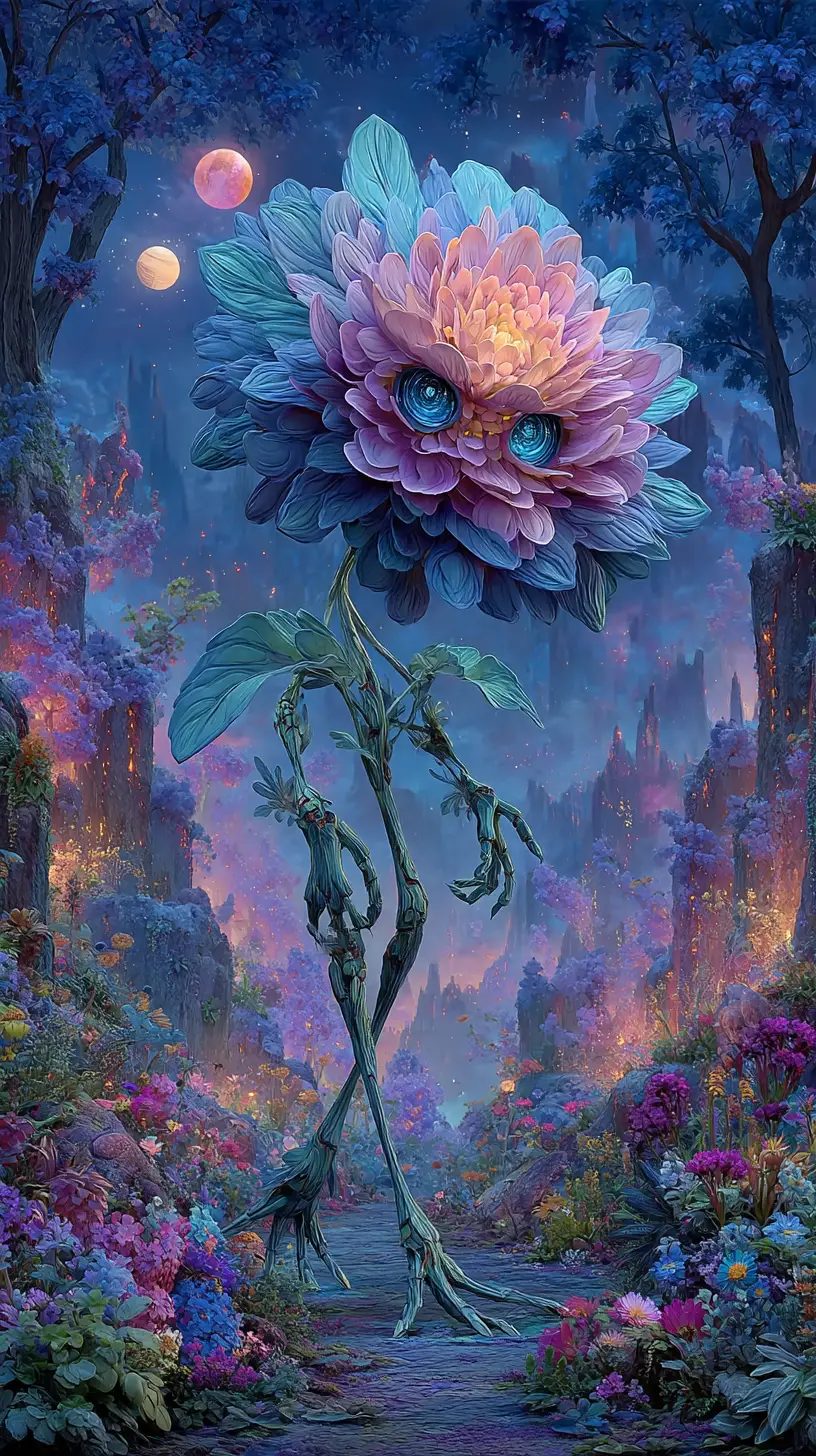 Alien flower creature walking through lush alien landscape