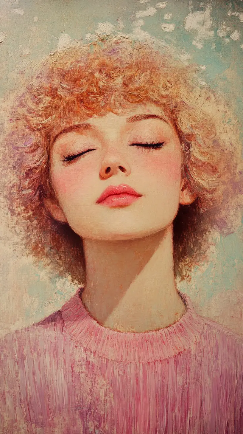 Girl with closed eyes holding pink donut in soft pastels