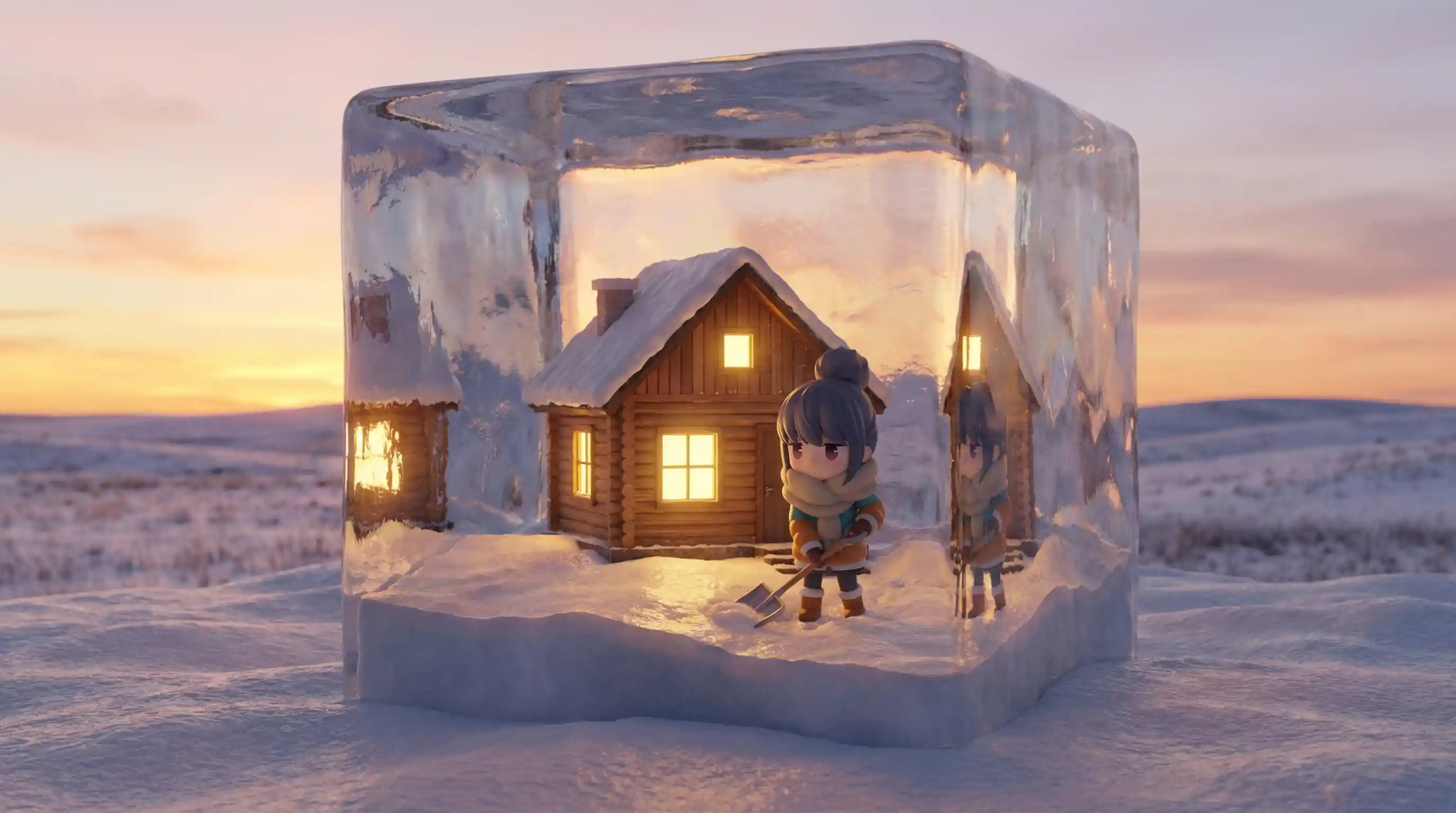 Cozy chibi girl in a snowy ice cube house