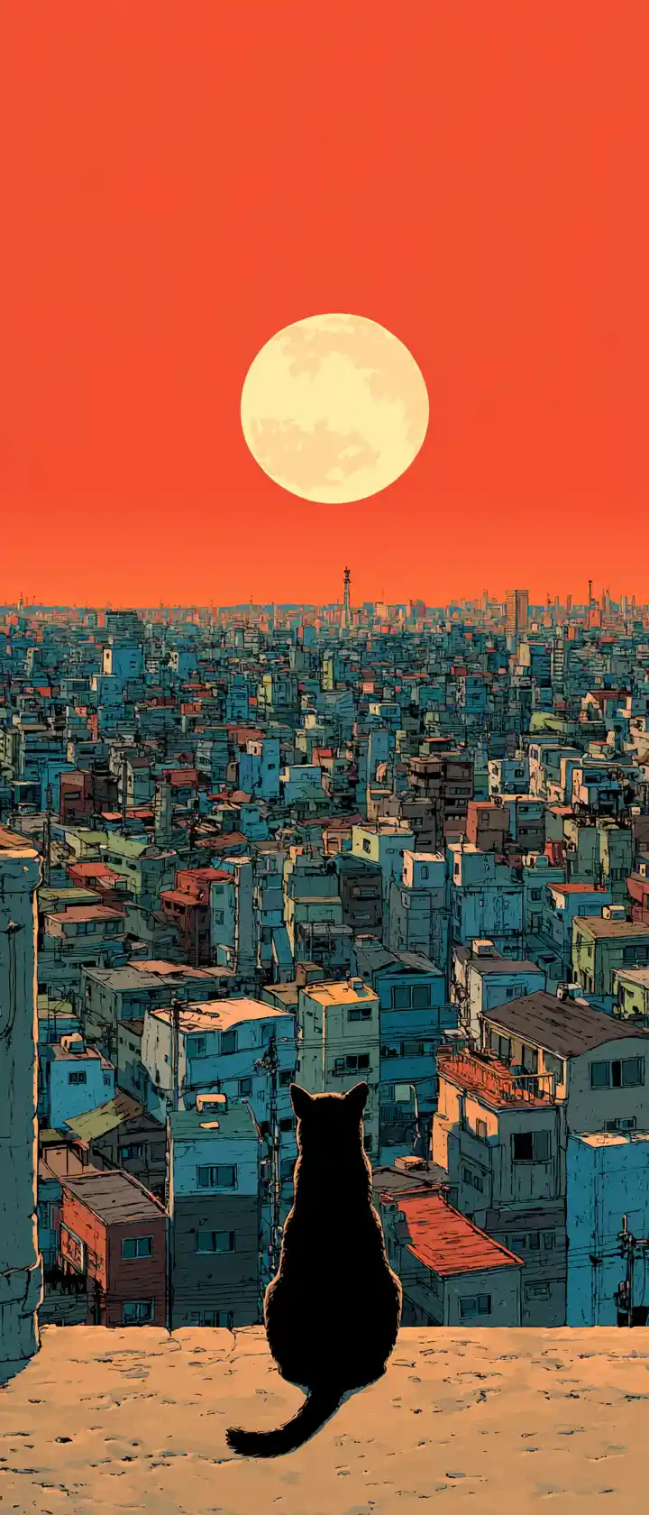 Anime holographic cat towering over flat Tokyo cityscape