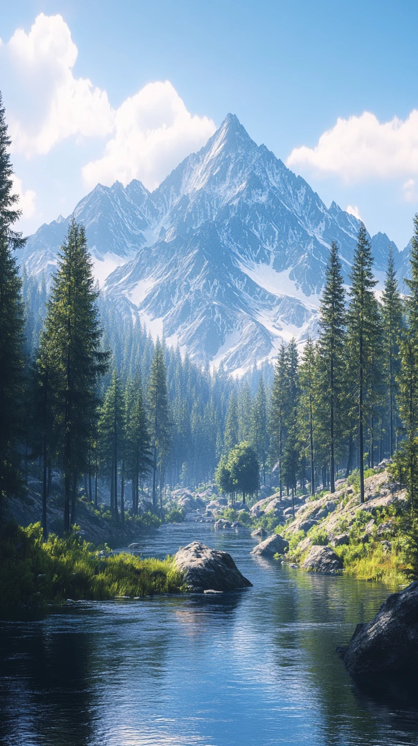 Sonnendurchflutete Bergkette über Wald und spiegelndem Fluss