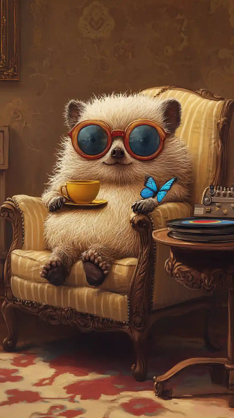 Hedgehog With Red Glasses Enjoying Tea Beside Gramophone