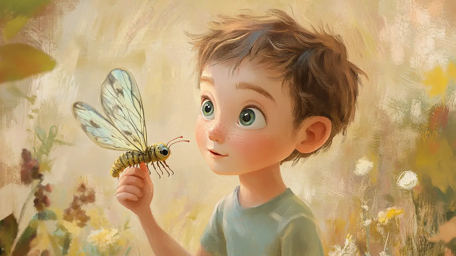 Young boy with caterpillar in soft pastel garden illustration