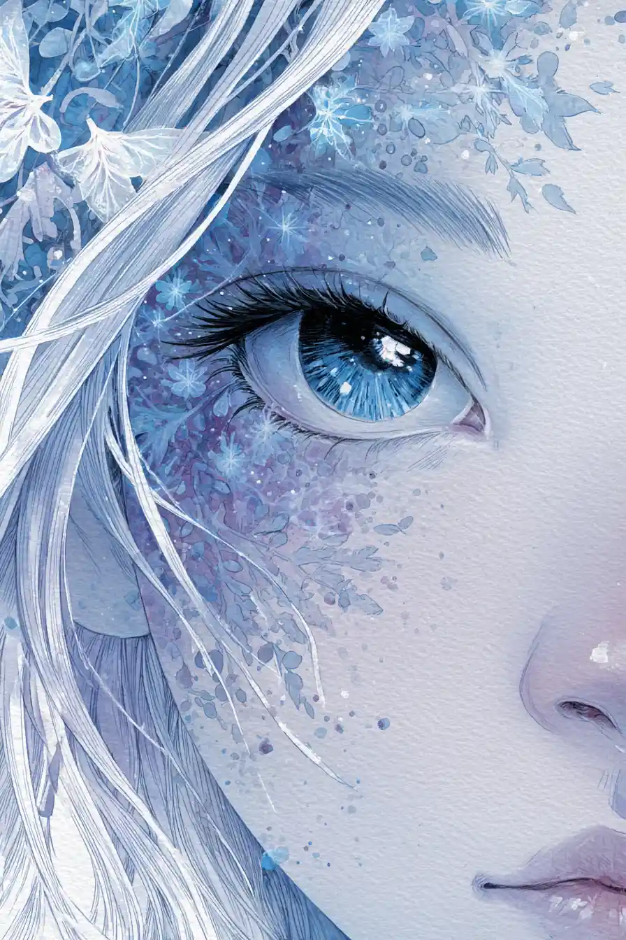 Ethereal Ice Girl Portrait With Luminous Blue Eyes